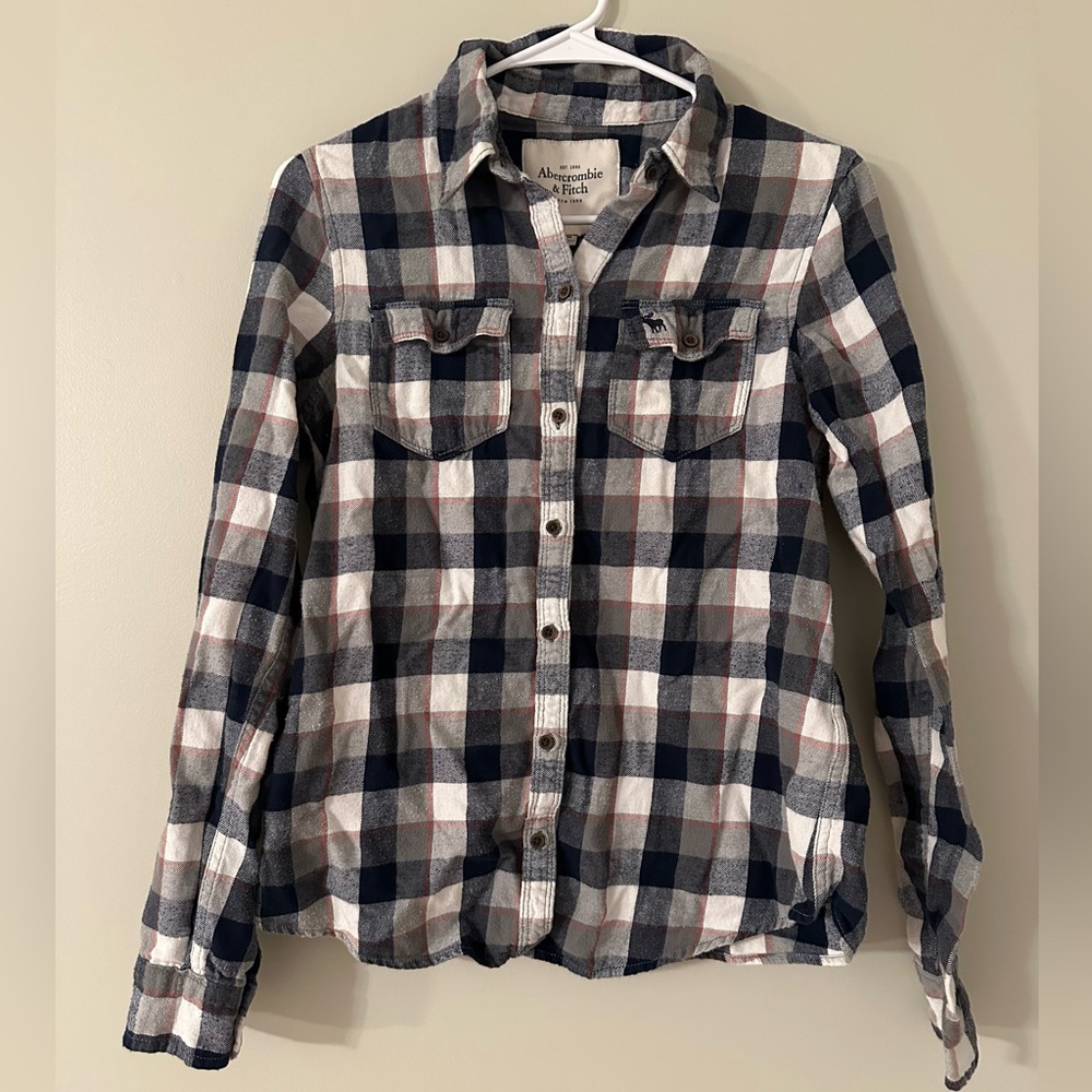 Abercrombie & Fitch Navy Gray and  White Plaid Flannel Button Down Shirt